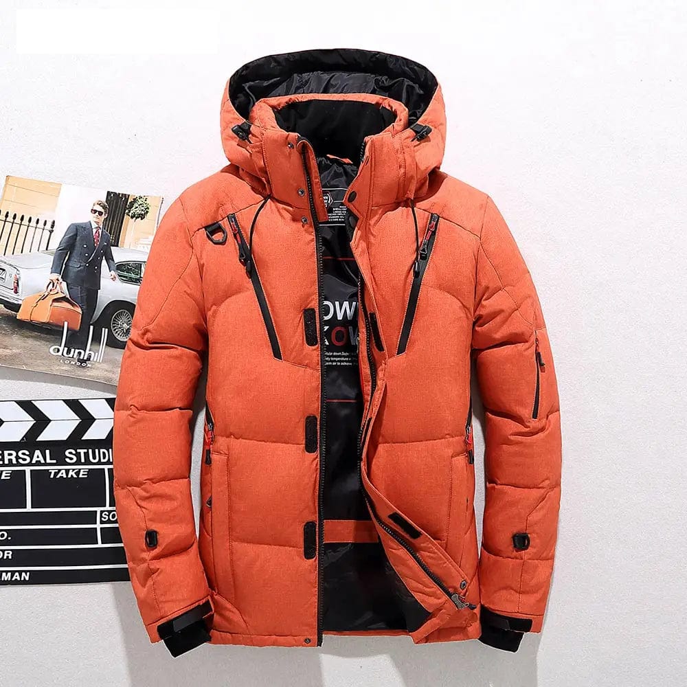 Men's down-filled hooded winter jacket featuring adjustable cuffs for a customizable fit, perfect for cold weather protection and style. 0