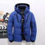 Men's down-filled hooded winter jacket featuring adjustable cuffs for a customizable fit, perfect for cold weather protection and style. 1