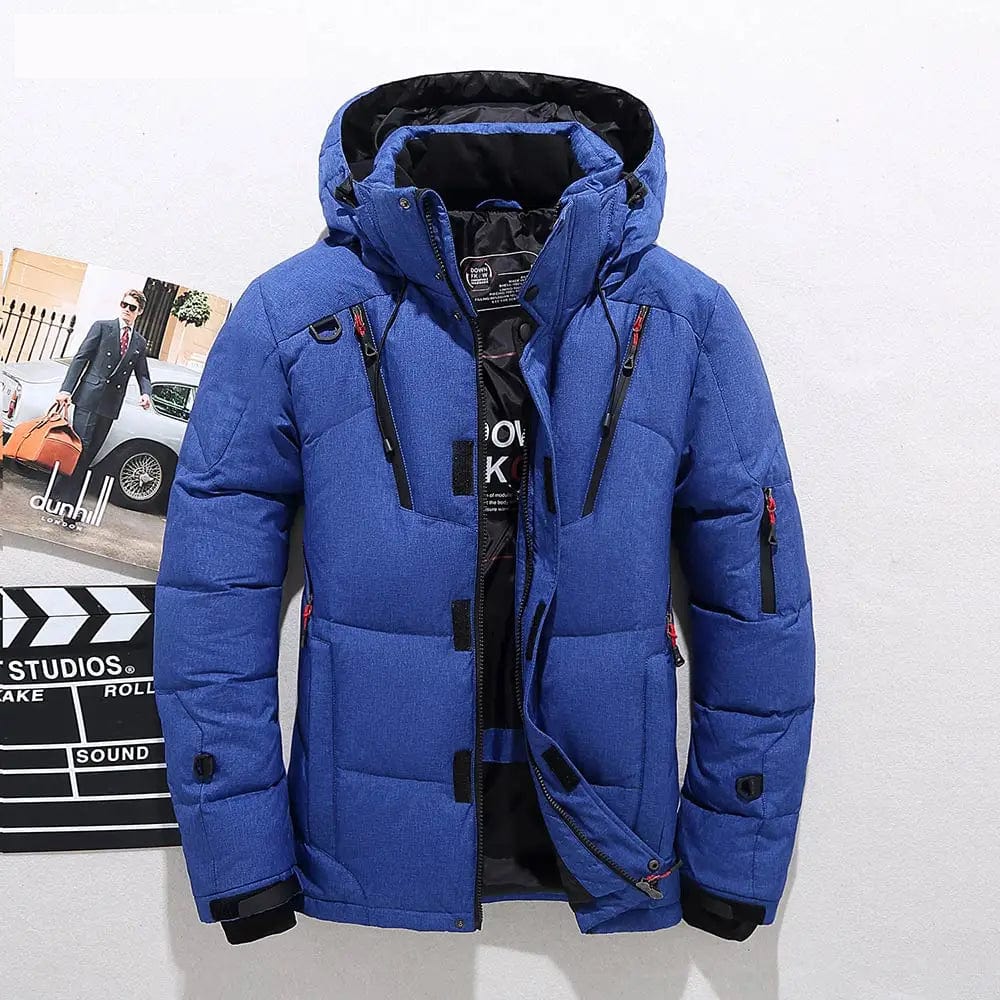 Men's down-filled hooded winter jacket featuring adjustable cuffs for a customizable fit, perfect for cold weather protection and style. 1
