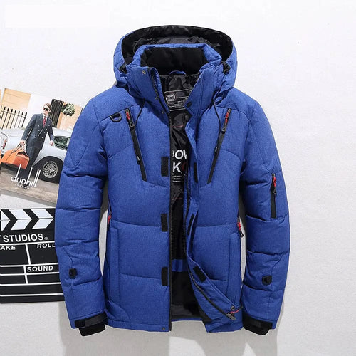Men's down-filled hooded winter jacket featuring adjustable cuffs for a customizable fit, perfect for cold weather protection and style. 1