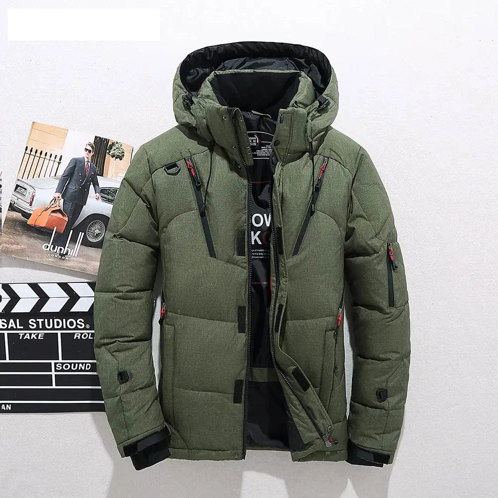 Men's down-filled hooded winter jacket featuring adjustable cuffs for a customizable fit, perfect for cold weather protection and style. 2