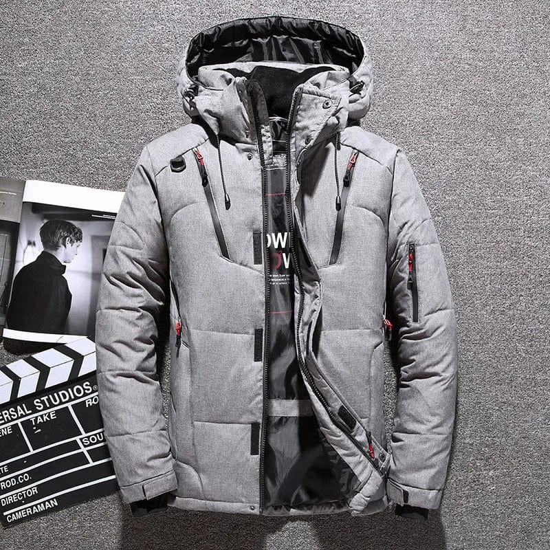 Men's down-filled hooded winter jacket featuring adjustable cuffs for a customizable fit, perfect for cold weather protection and style. 3