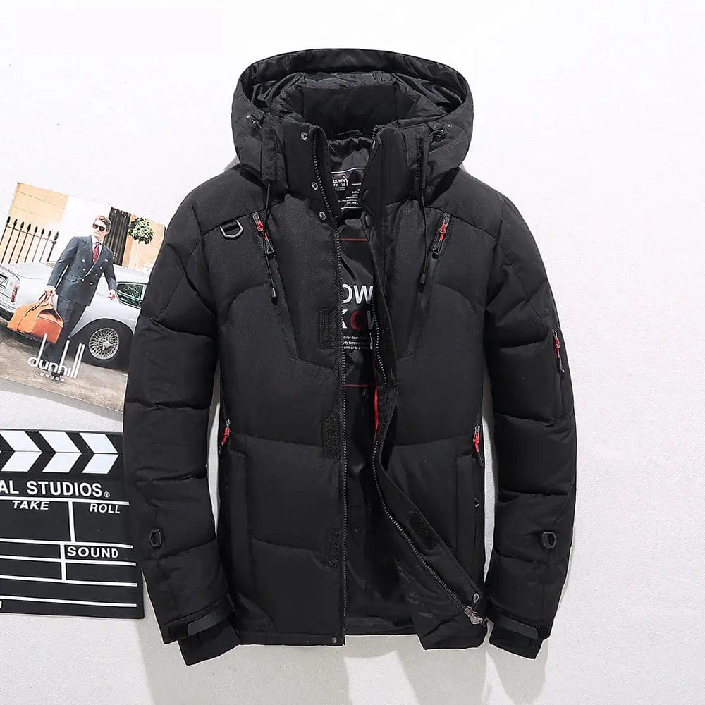 Men's down-filled hooded winter jacket featuring adjustable cuffs for a customizable fit, perfect for cold weather protection and style. 4