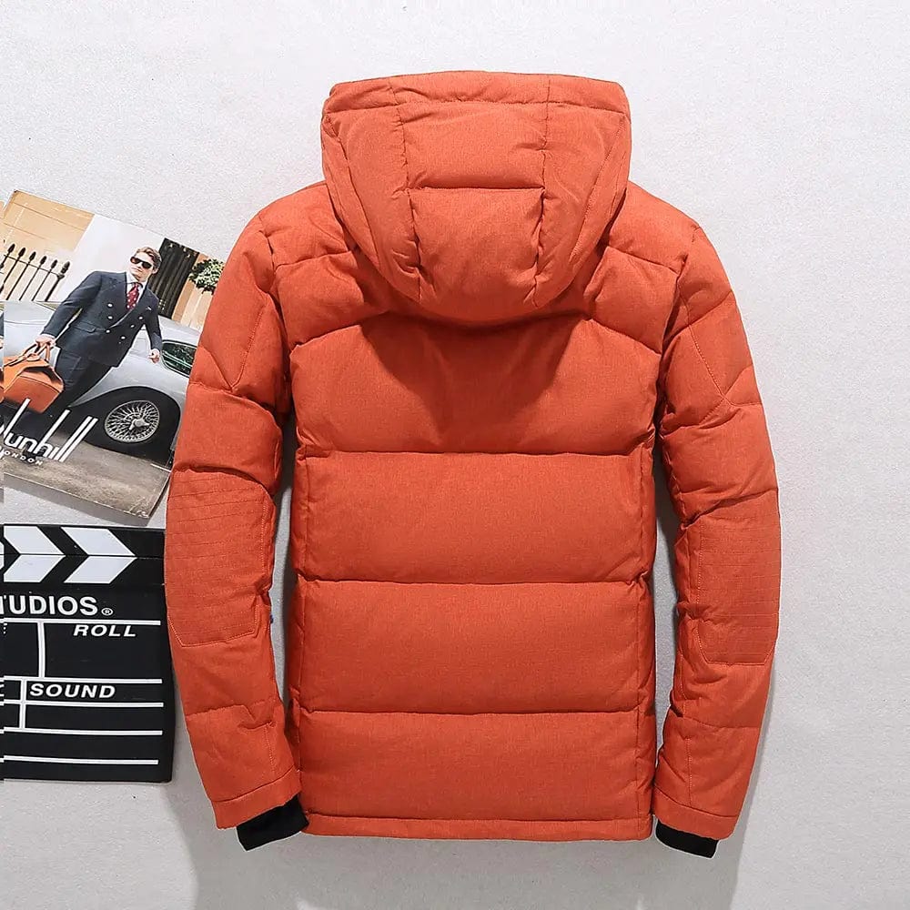 Men's down-filled hooded winter jacket featuring adjustable cuffs for a customizable fit, perfect for cold weather protection and style. 5