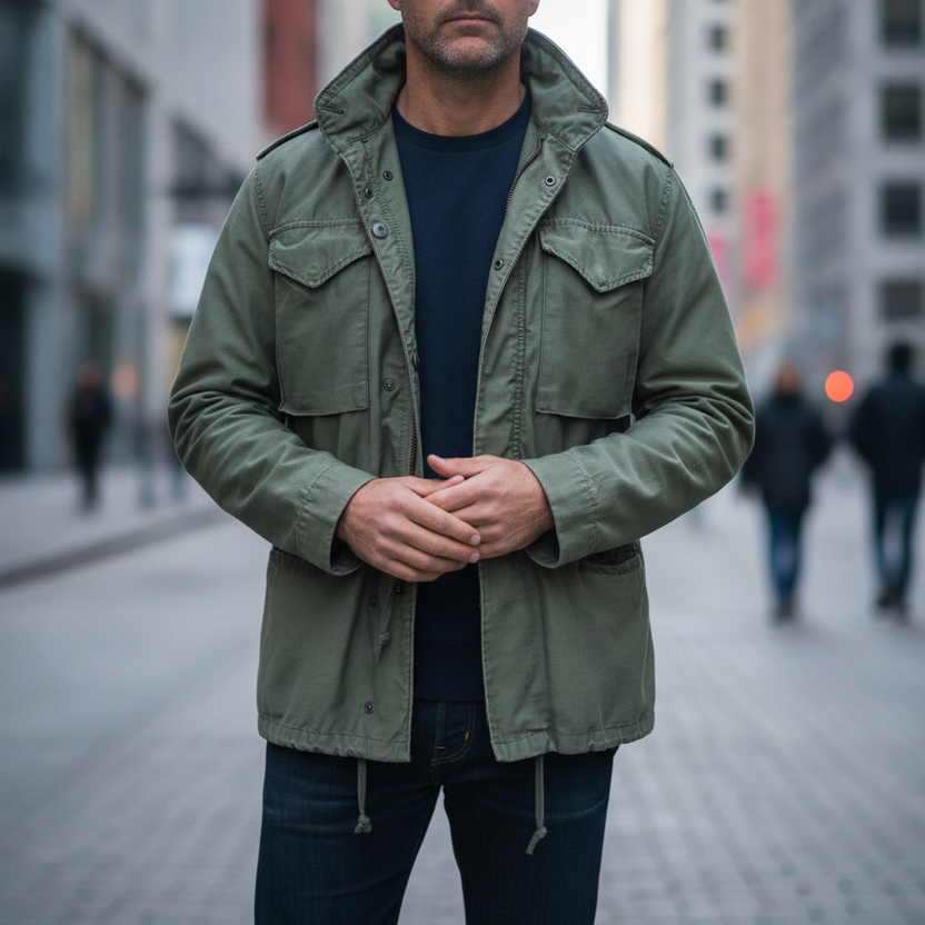 Men's durable utility field jacket designed for outdoor activities, featuring multiple pockets for storage and a rugged, weather-resistant fabric suitable for various environments. 2