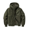 Men's fleece-lined hooded bomber jacket designed for winter casual wear, featuring a stylish silhouette, warm insulation, and a comfortable fit. 0