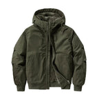 Men's fleece-lined hooded bomber jacket designed for winter casual wear, featuring a stylish silhouette, warm insulation, and a comfortable fit. 0