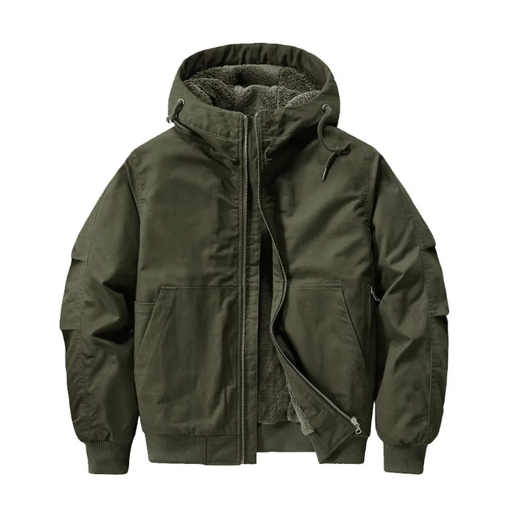 Men's fleece-lined hooded bomber jacket designed for winter casual wear, featuring a stylish silhouette, warm insulation, and a comfortable fit. 0