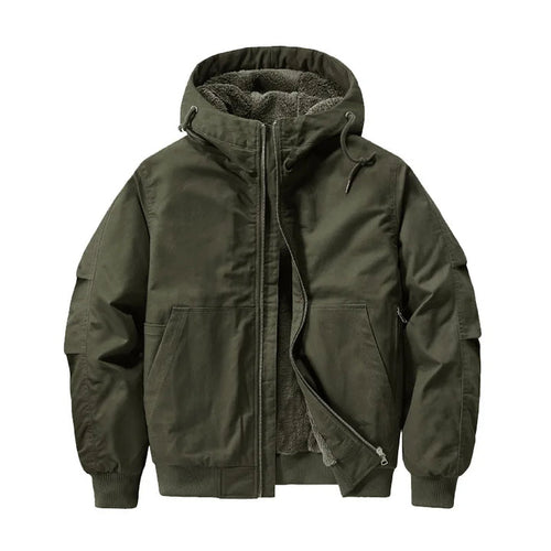 Men's fleece-lined hooded bomber jacket designed for winter casual wear, featuring a stylish silhouette, warm insulation, and a comfortable fit. 0