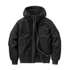 Men's fleece-lined hooded bomber jacket designed for winter casual wear, featuring a stylish silhouette, warm insulation, and a comfortable fit. 1