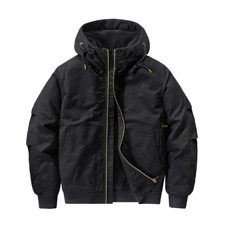 Men's fleece-lined hooded bomber jacket designed for winter casual wear, featuring a stylish silhouette, warm insulation, and a comfortable fit. 1