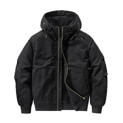 Men's fleece-lined hooded bomber jacket designed for winter casual wear, featuring a stylish silhouette, warm insulation, and a comfortable fit. 1