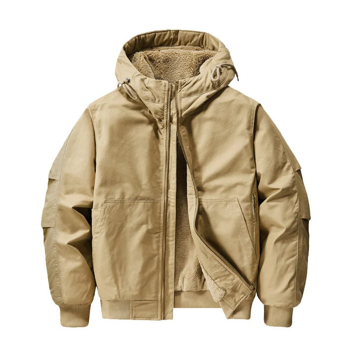 Men's fleece-lined hooded bomber jacket designed for winter casual wear, featuring a stylish silhouette, warm insulation, and a comfortable fit. 2
