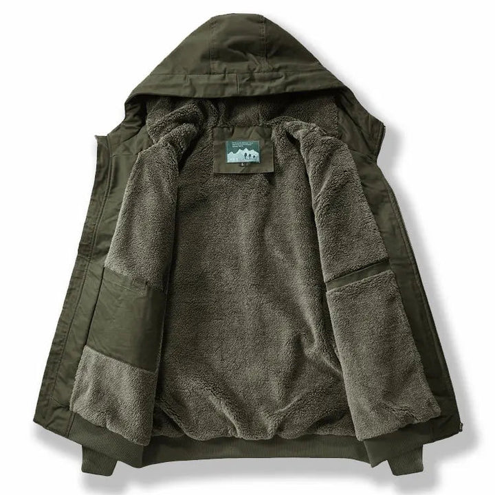 Men's fleece-lined hooded bomber jacket designed for winter casual wear, featuring a stylish silhouette, warm insulation, and a comfortable fit. 3