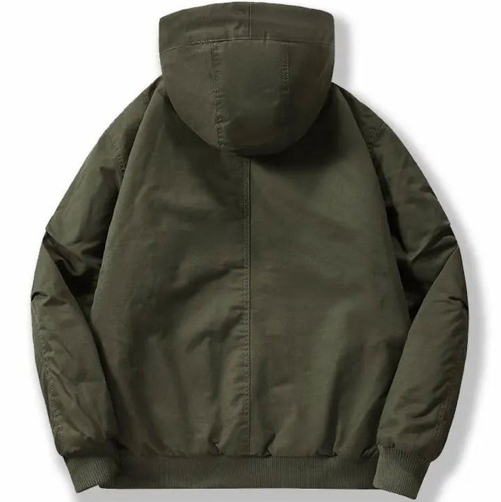 Men's fleece-lined hooded bomber jacket designed for winter casual wear, featuring a stylish silhouette, warm insulation, and a comfortable fit. 4