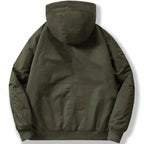 Men's fleece-lined hooded bomber jacket designed for winter casual wear, featuring a stylish silhouette, warm insulation, and a comfortable fit. 4