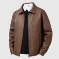 Men’s genuine leather zip-front shirt collar jacket in sleek black, featuring a modern design and durable construction, perfect for stylish layering in any season. 0