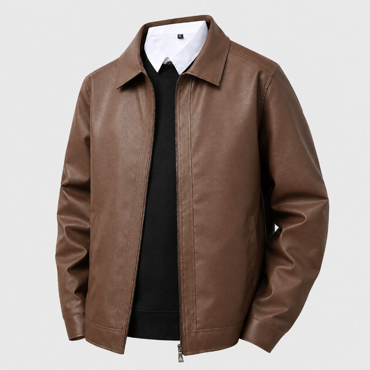 Men’s genuine leather zip-front shirt collar jacket in sleek black, featuring a modern design and durable construction, perfect for stylish layering in any season. 0
