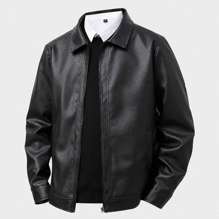 Men’s genuine leather zip-front shirt collar jacket in sleek black, featuring a modern design and durable construction, perfect for stylish layering in any season. 1