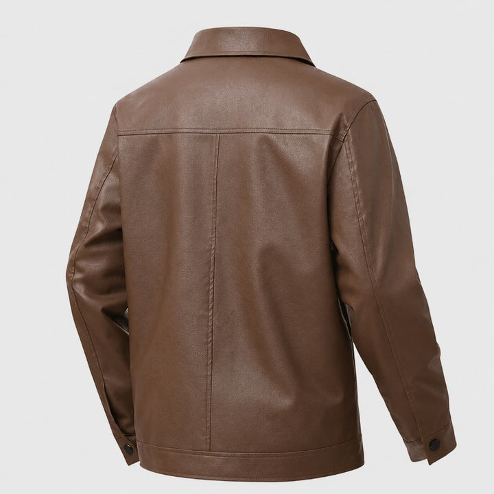Men’s genuine leather zip-front shirt collar jacket in sleek black, featuring a modern design and durable construction, perfect for stylish layering in any season. 2