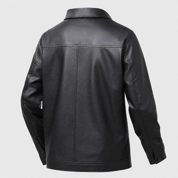 Men’s genuine leather zip-front shirt collar jacket in sleek black, featuring a modern design and durable construction, perfect for stylish layering in any season. 3