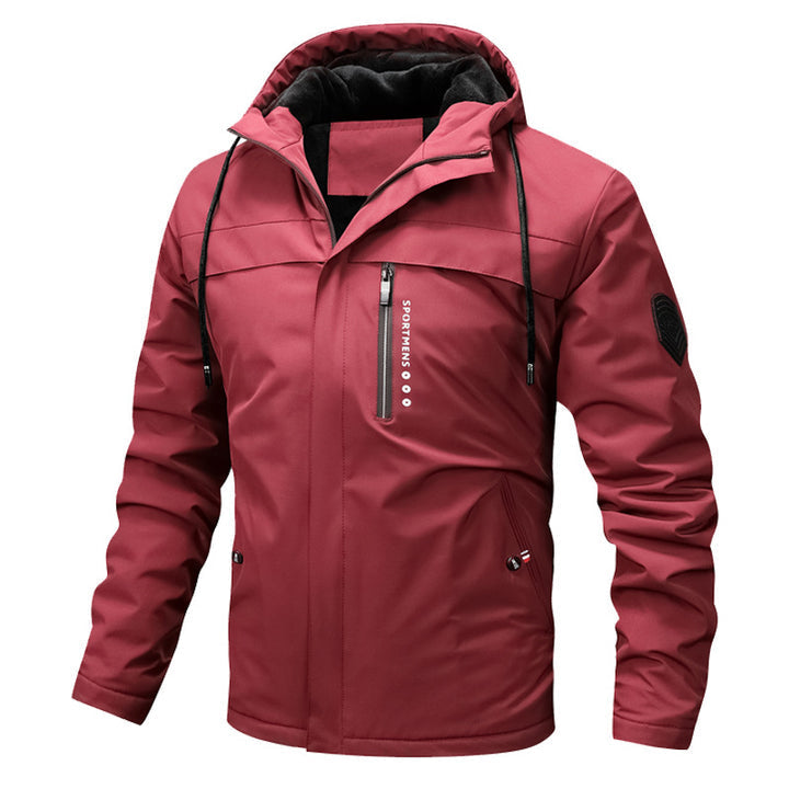 Men's hooded outdoor jacket featuring a warm fleece lining, perfect for cold weather adventures and casual outings. 0