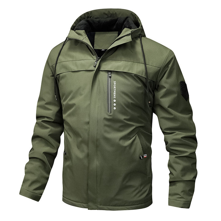 Men's hooded outdoor jacket featuring a warm fleece lining, perfect for cold weather adventures and casual outings. 1