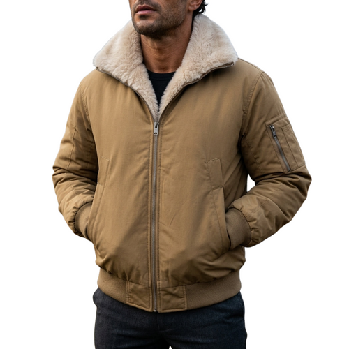 Men's insulated bomber jacket featuring a stylish faux fur lining, designed for ultimate winter warmth and comfort. 1