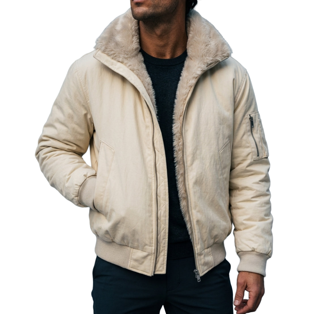 Men's insulated bomber jacket featuring a stylish faux fur lining, designed for ultimate winter warmth and comfort. 2