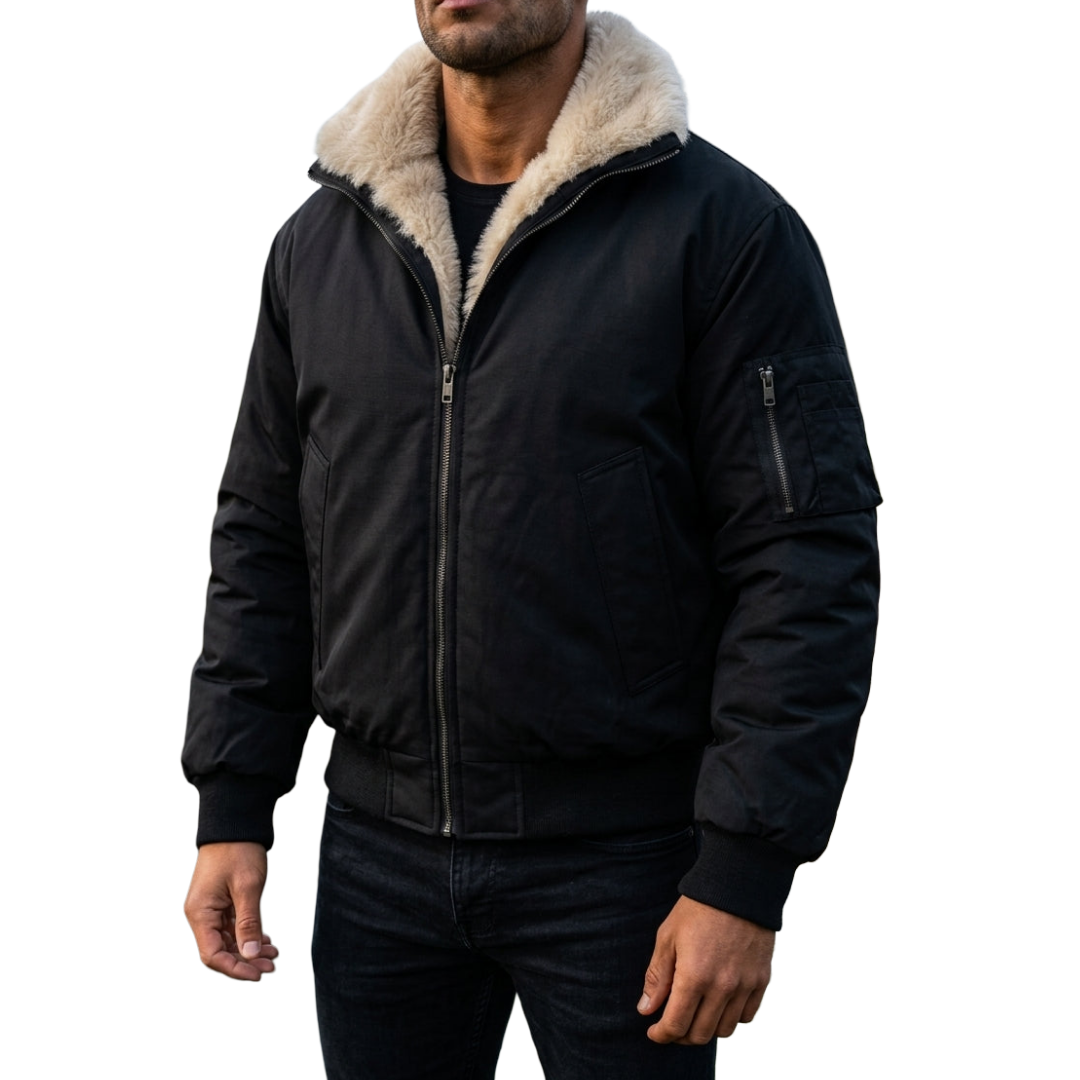 Men's insulated bomber jacket featuring a stylish faux fur lining, designed for ultimate winter warmth and comfort. 3