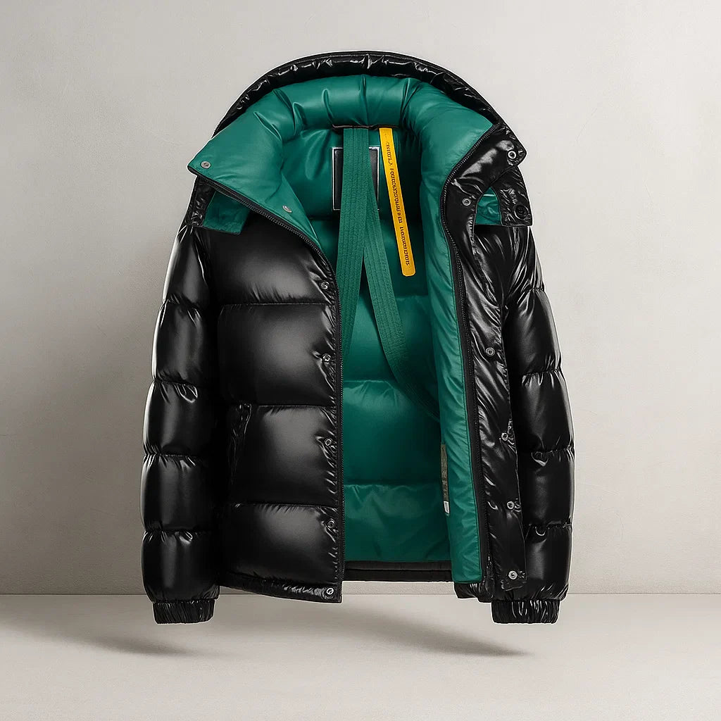 Men's insulated full-zip puffer jacket designed for cold weather, featuring a sleek black exterior, warm filling, and practical zippered pockets for added 2
