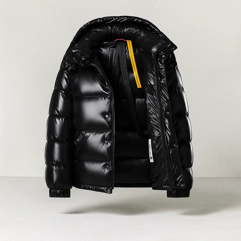 Men's insulated full-zip puffer jacket designed for cold weather, featuring a sleek black exterior, warm filling, and practical zippered pockets for added 3