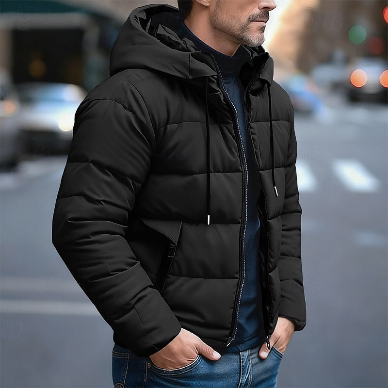 Men's insulated quilted puffer jacket featuring an adjustable hood, designed for warmth and comfort in cold weather. 2