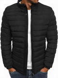 Men's insulated relaxed fit stand-collar winter jacket in navy blue, designed for warmth and comfort during cold weather with a stylish and versatile look. 0