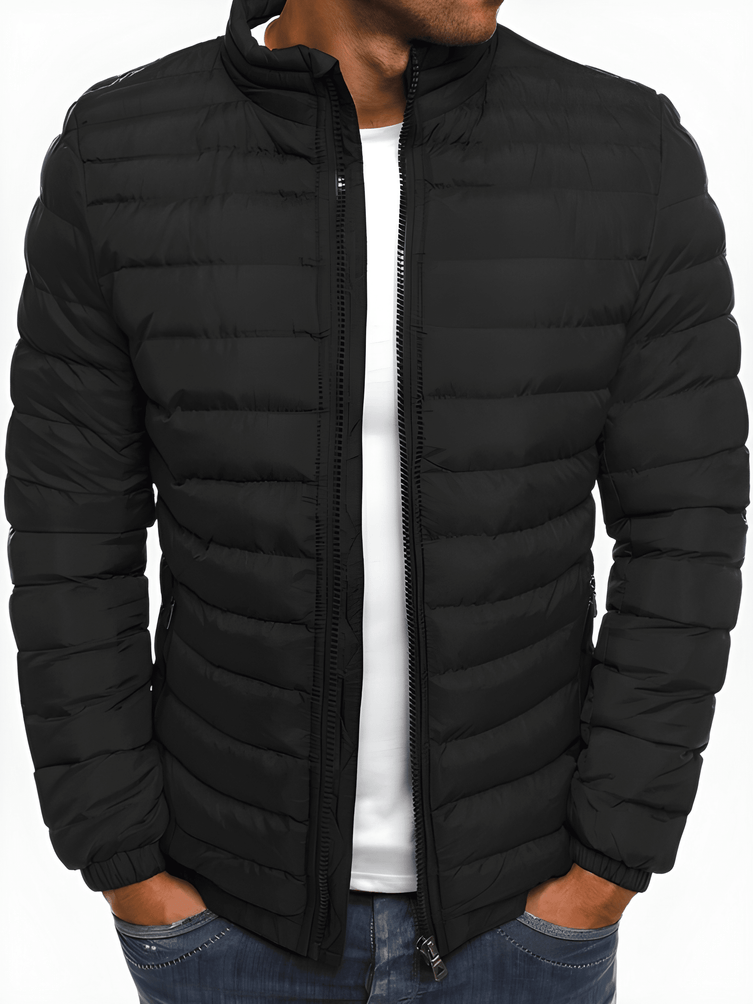 Men's insulated relaxed fit stand-collar winter jacket in navy blue, designed for warmth and comfort during cold weather with a stylish and versatile look. 0