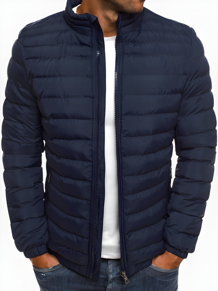 Men's insulated relaxed fit stand-collar winter jacket in navy blue, designed for warmth and comfort during cold weather with a stylish and versatile look. 1