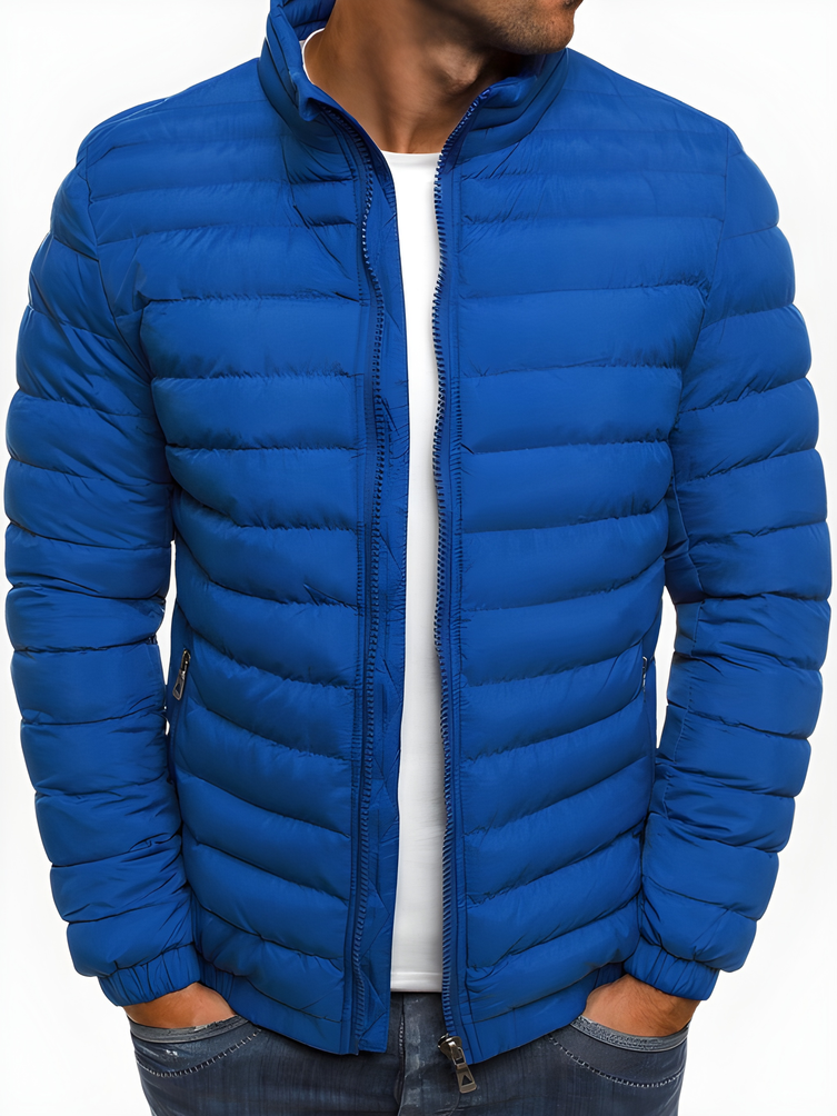 Men's insulated relaxed fit stand-collar winter jacket in navy blue, designed for warmth and comfort during cold weather with a stylish and versatile look. 2