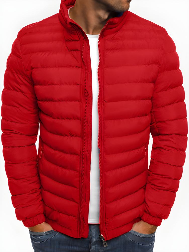 Men's insulated relaxed fit stand-collar winter jacket in navy blue, designed for warmth and comfort during cold weather with a stylish and versatile look. 4