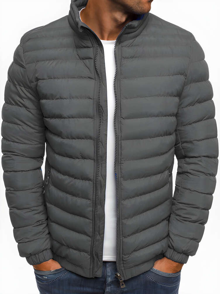 Men's insulated relaxed fit stand-collar winter jacket in navy blue, designed for warmth and comfort during cold weather with a stylish and versatile look. 5