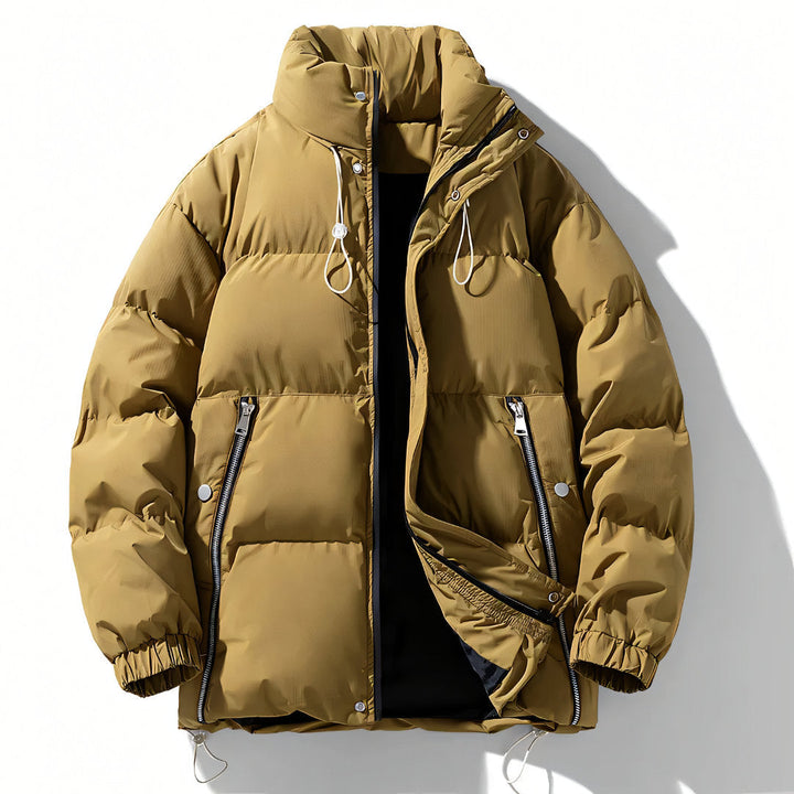 Men’s insulated windproof puffer jacket featuring a high collar, designed for warmth and protection against harsh weather conditions. 0