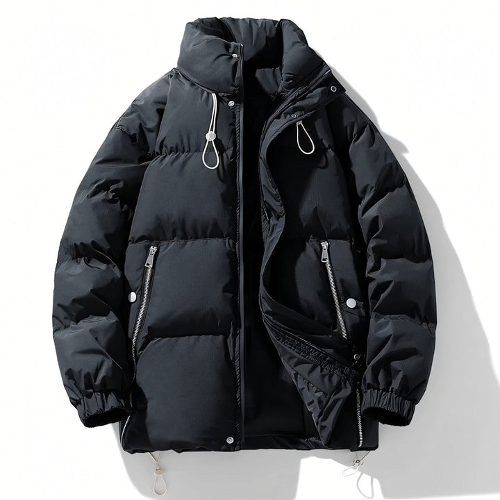 Men’s insulated windproof puffer jacket featuring a high collar, designed for warmth and protection against harsh weather conditions. 1