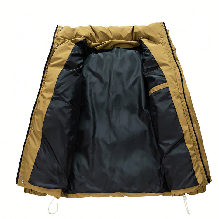 Men’s insulated windproof puffer jacket featuring a high collar, designed for warmth and protection against harsh weather conditions. 2