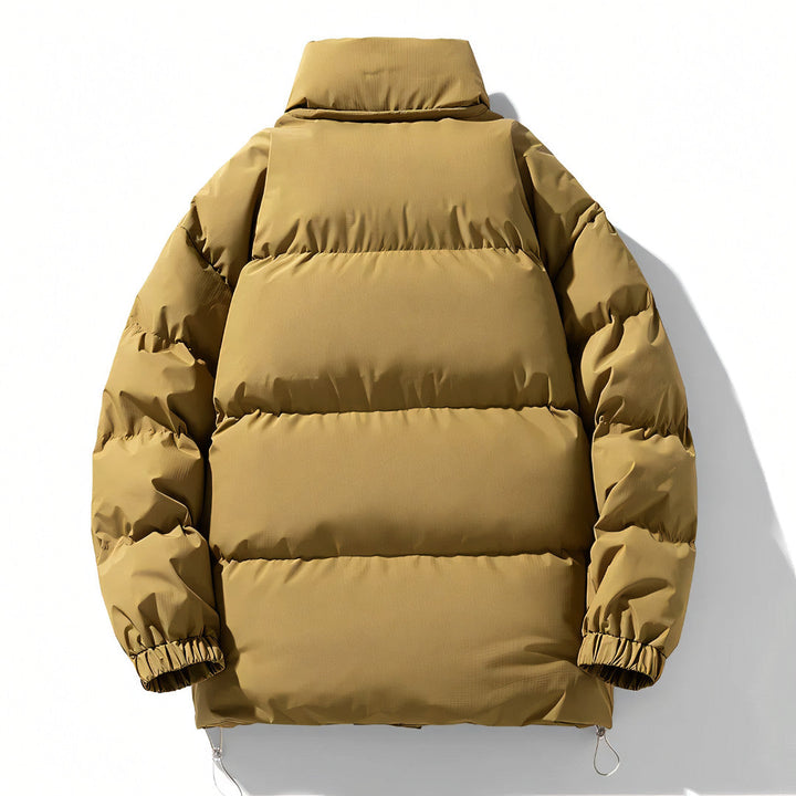 Men’s insulated windproof puffer jacket featuring a high collar, designed for warmth and protection against harsh weather conditions. 3