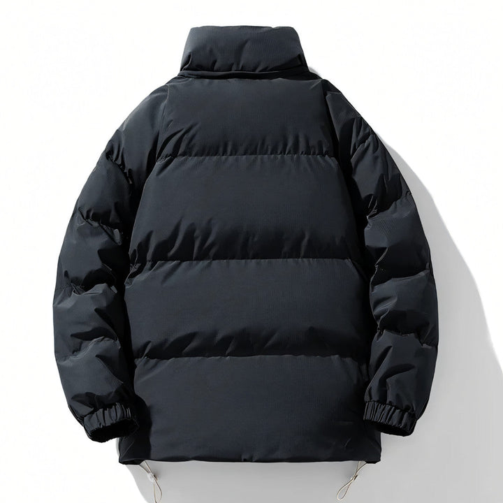 Men’s insulated windproof puffer jacket featuring a high collar, designed for warmth and protection against harsh weather conditions. 4