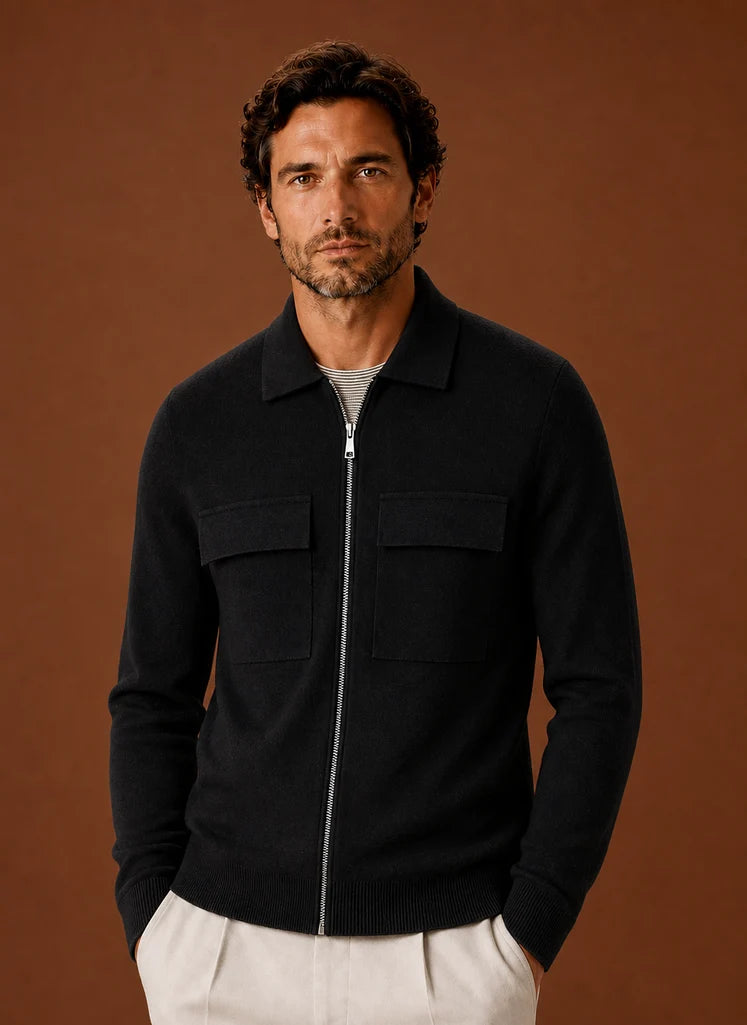 Men's Knit Full-Zip Jacket with Chest Pockets for Smart Casual Wear 0
