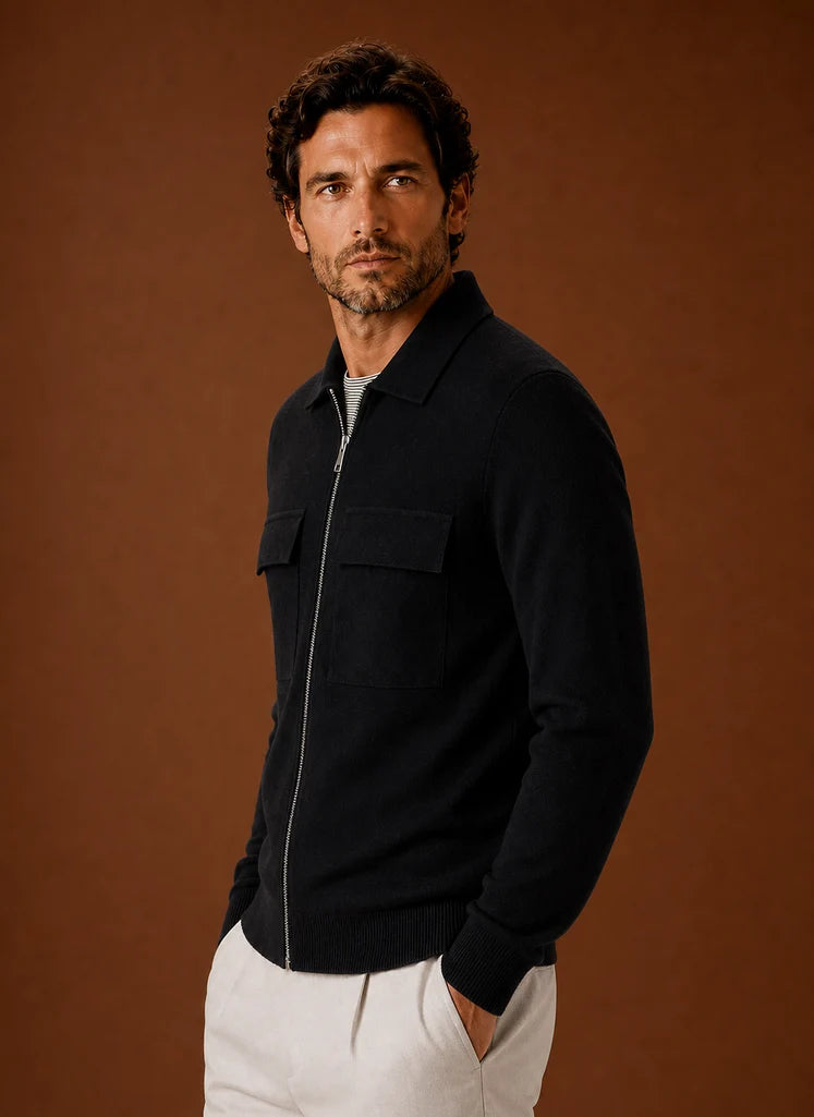 Men's Knit Full-Zip Jacket with Chest Pockets for Smart Casual Wear 3