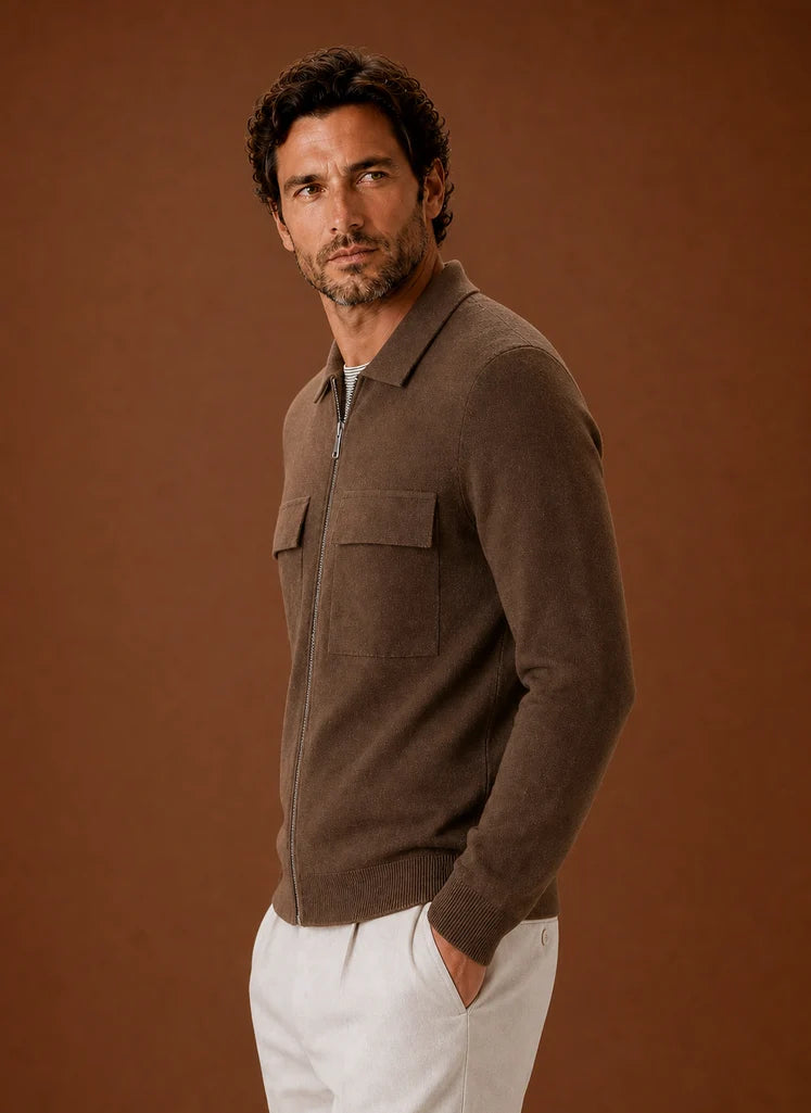 Men's Knit Full-Zip Jacket with Chest Pockets for Smart Casual Wear 7