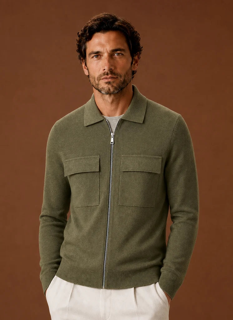 Men's Knit Full-Zip Jacket with Chest Pockets for Smart Casual Wear 8