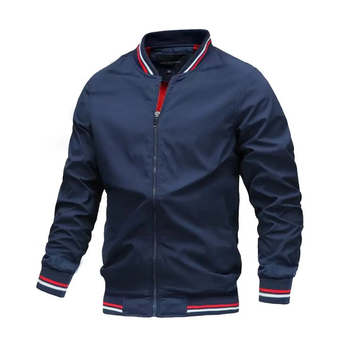 Men's lightweight bomber jacket featuring stylish striped trim, perfect for casual wear and versatile fashion. 0