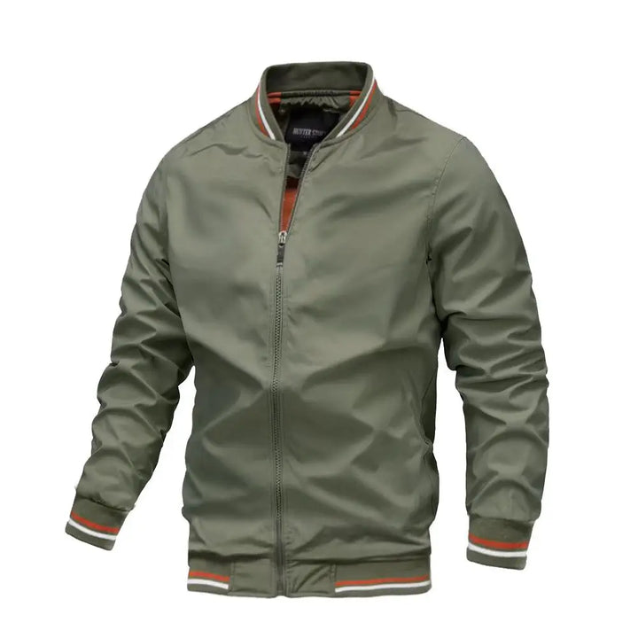 Men's lightweight bomber jacket featuring stylish striped trim, perfect for casual wear and versatile fashion. 1